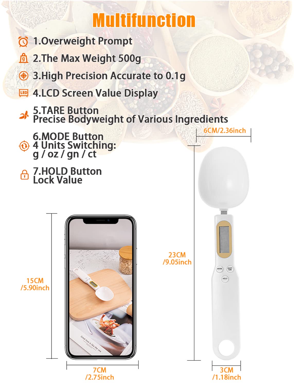 kitchen electronic weighing spoon with display 500g